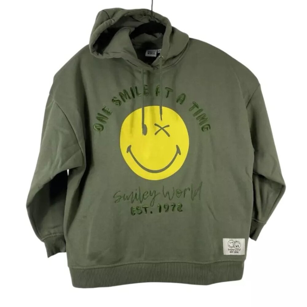 Smiley World Mens Green Long Sleeve Embroidered Hooded Sweatshirt Size Medium